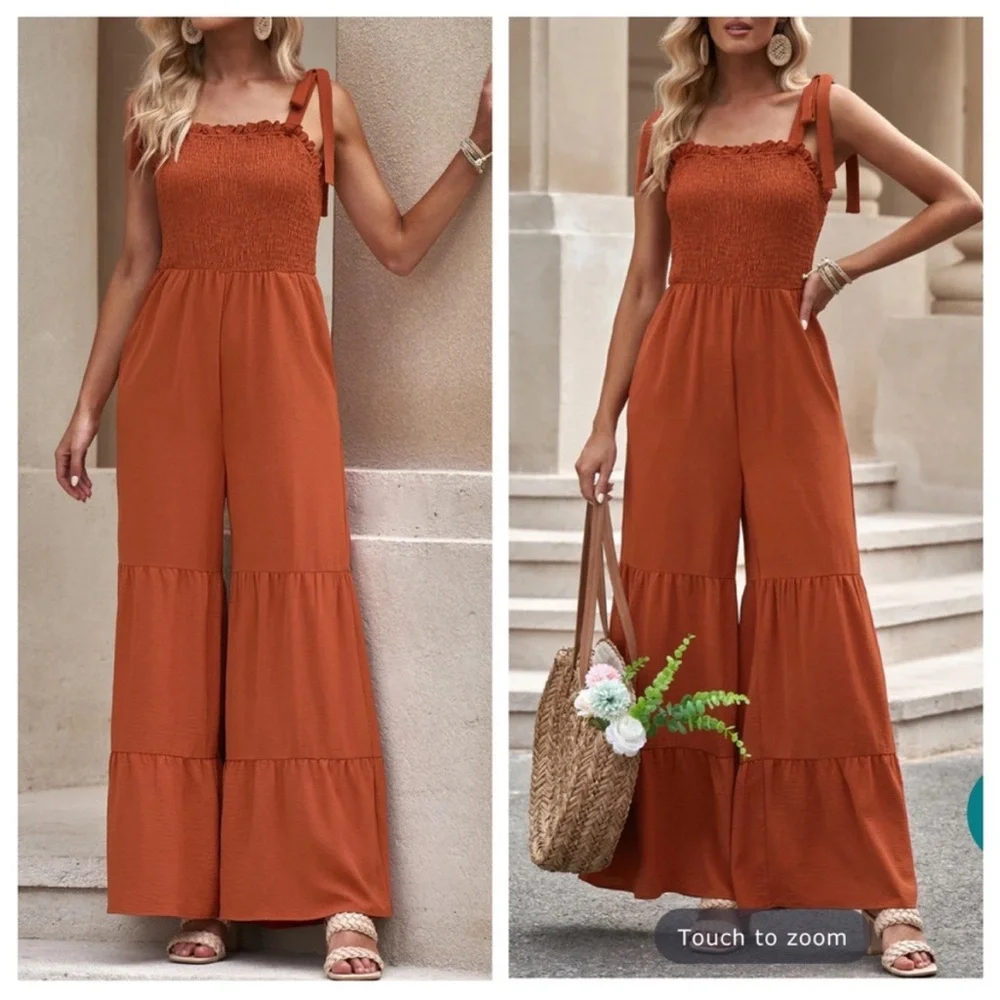 Leopard Print Smocked, Wide Leg Jumpsuit - Picture 6 of 7